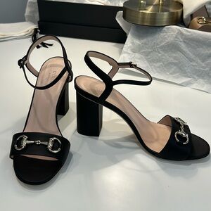 Gucci Black Leather Horsebit Ankle Strap Open Toe Block Heel Sandals Size 38